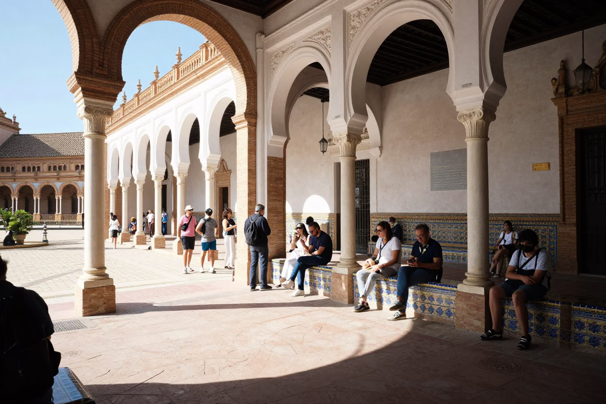 Seville Tourists at The Flat Glare Of Noon Light in in Seville, Spain