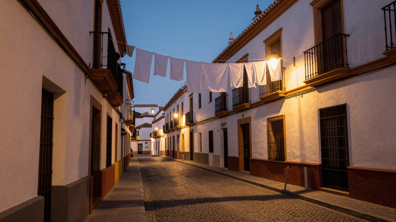 Seville Twilight Street Scene with Clothesline and Traditional Architecture in in Seville, Spain