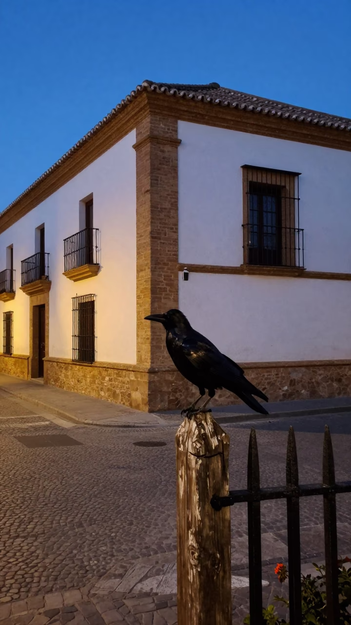 Seville Twilight Street Scene with Crow on Fence Post and Traditional Architecture in in Seville, Spain