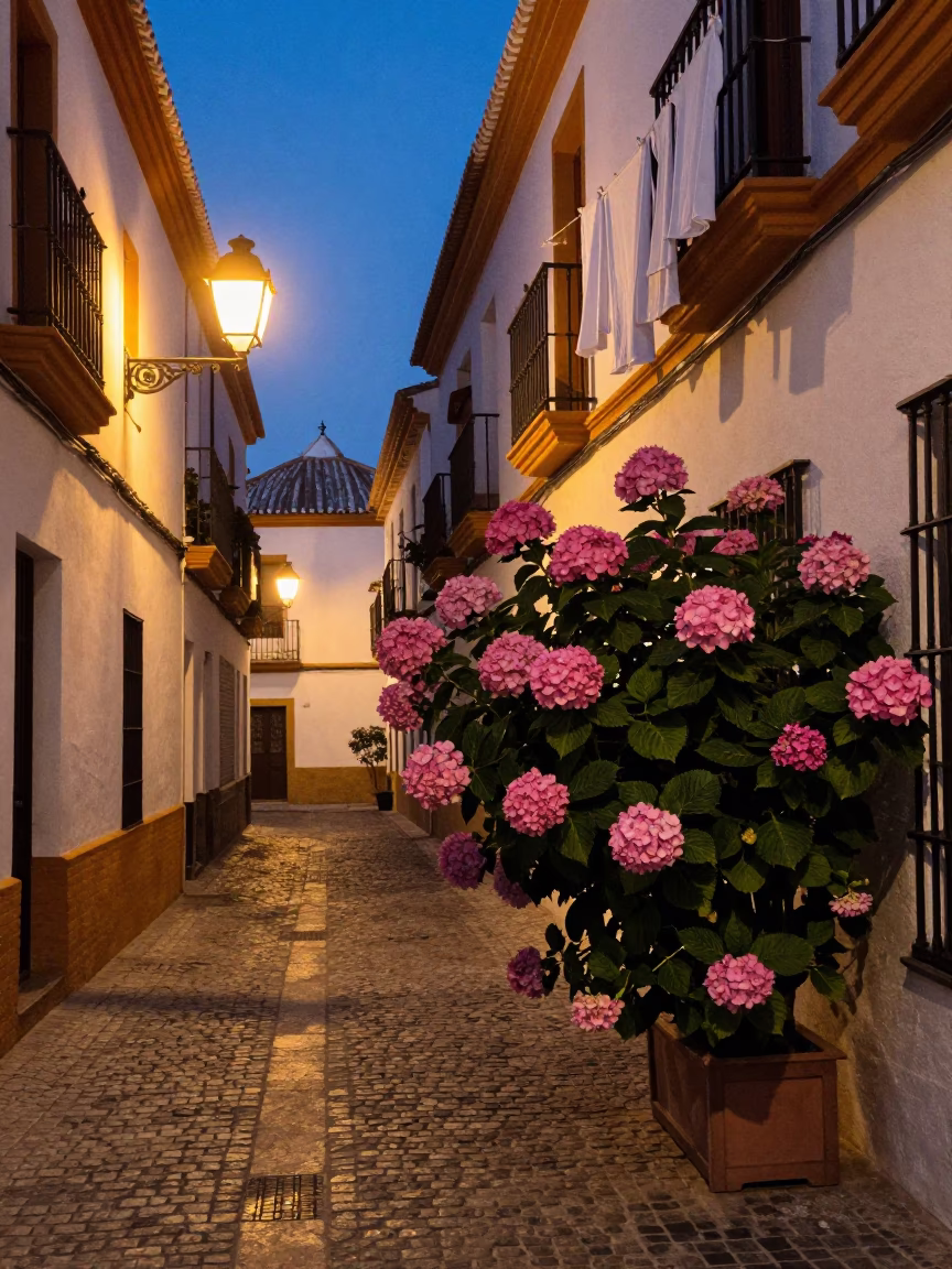 Seville Twilight Street Scene with Hydrangeas and Hanging Laundry in Andalusia in in Seville, Spain