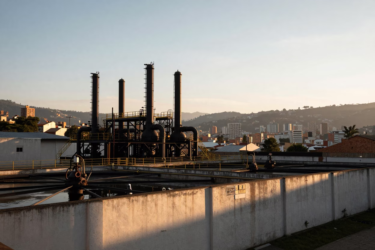 Sewage Pumping Station And Urban Horizon just after sunrise in Medellin in in Medellin, Colombia