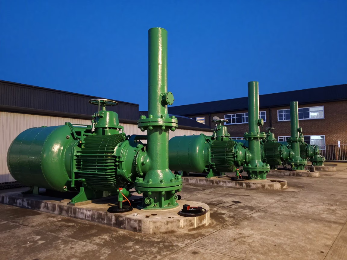 Sewage Pumping Station Massive Green Pumps And Brushed Steel Seams in London in in London, United Kingdom