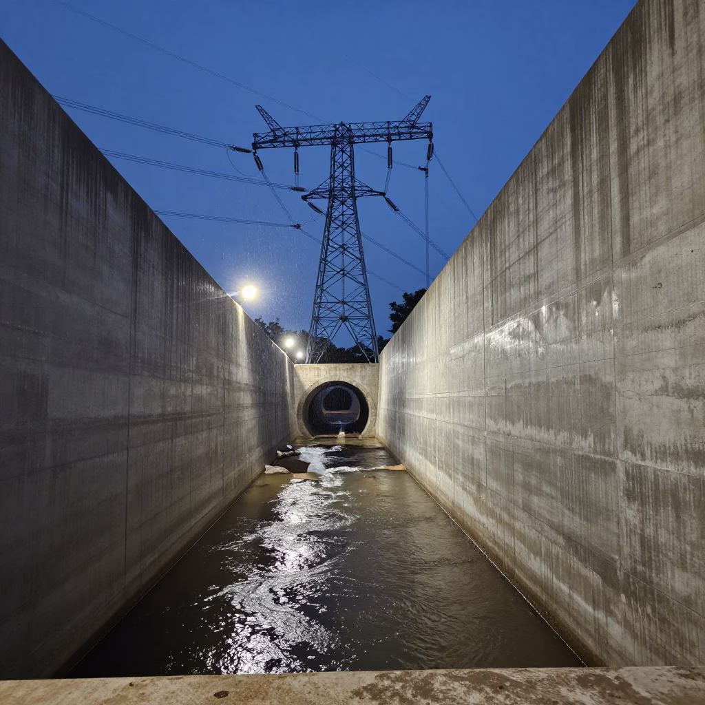 Sewage Tunnel Under Blue Light in Laos in beneath transmission towers in Laos