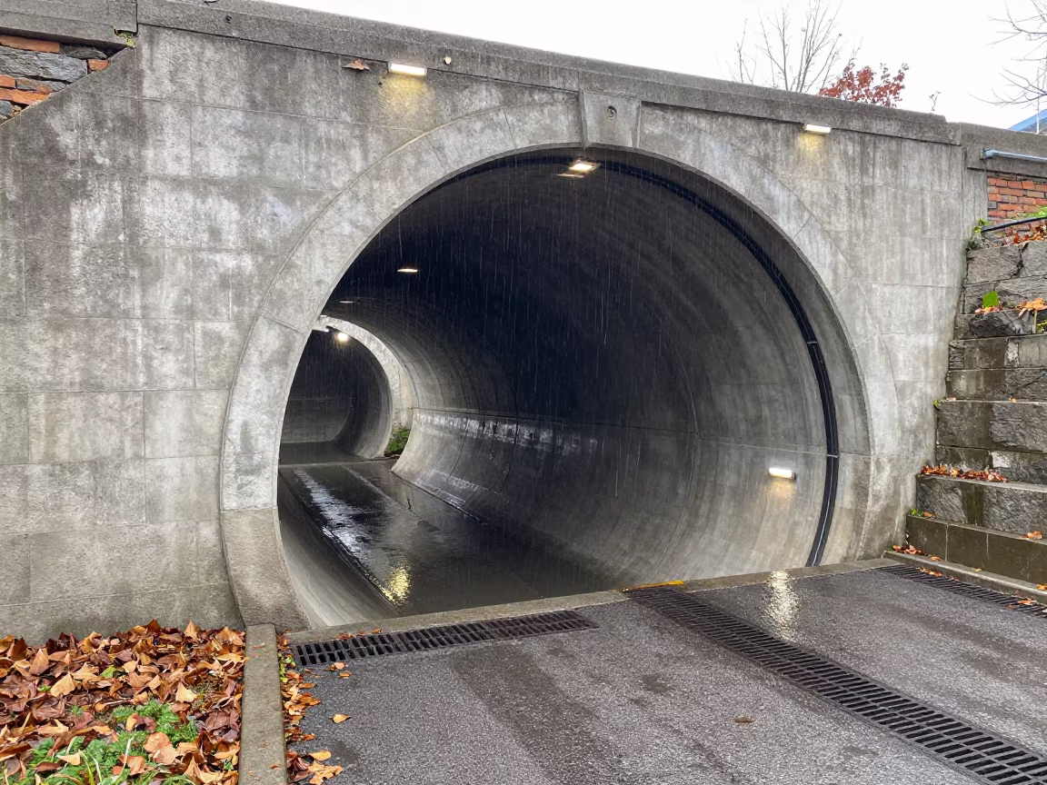 Sewage Tunnel Under Rainy Armenian Overpass in across a windy overpass interchange in Armenia