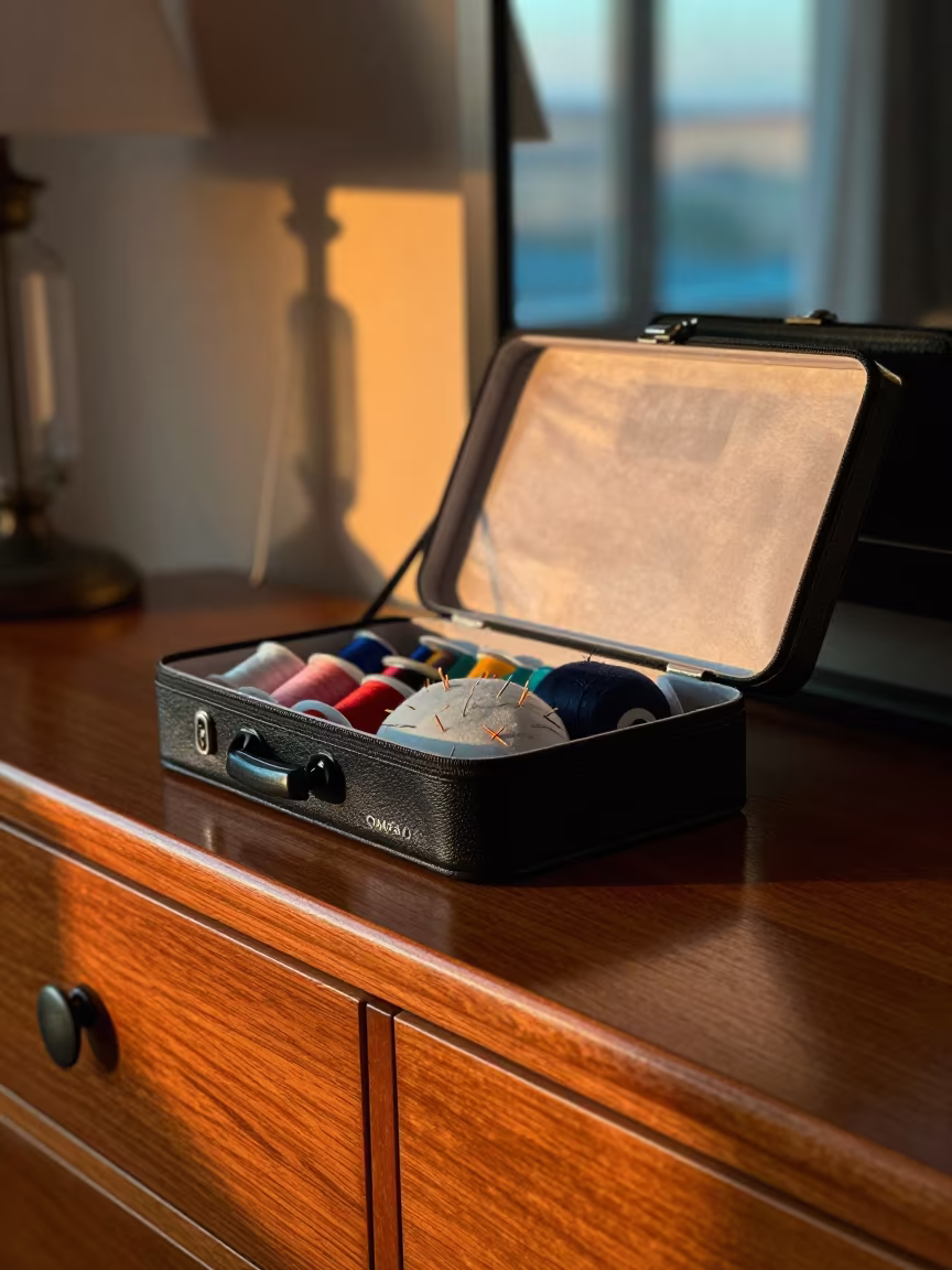 Sewing Box on Beijing Hotel Dresser at Sunset in on a hotel dresser near Dashilar, Beijing