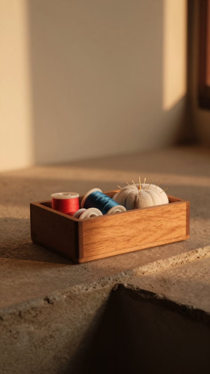Sewing Box and Thread Spools on Mumbai Ledge in on a stone ledge in Mumbai