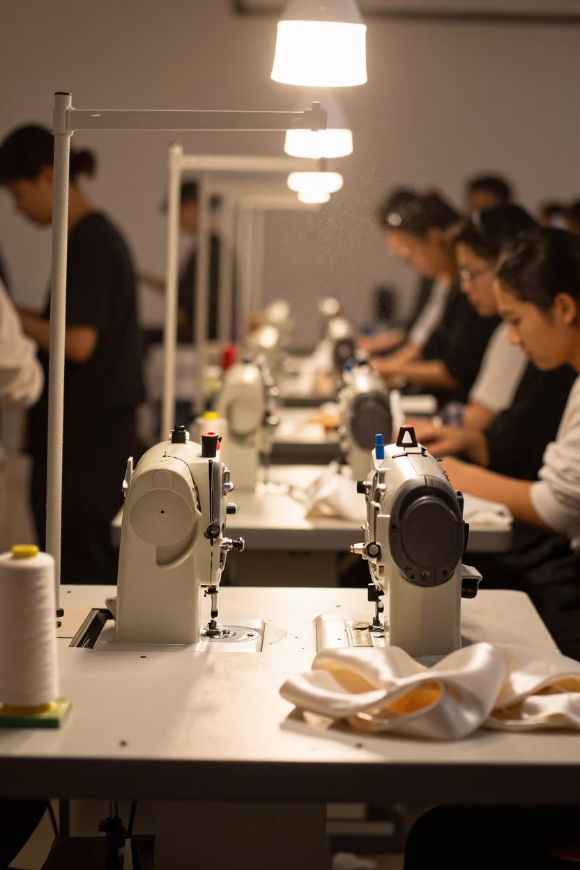 Sewing Station with Thread Cones in Guangzhou Backstage in under runway rehearsal lights near Guangzhou