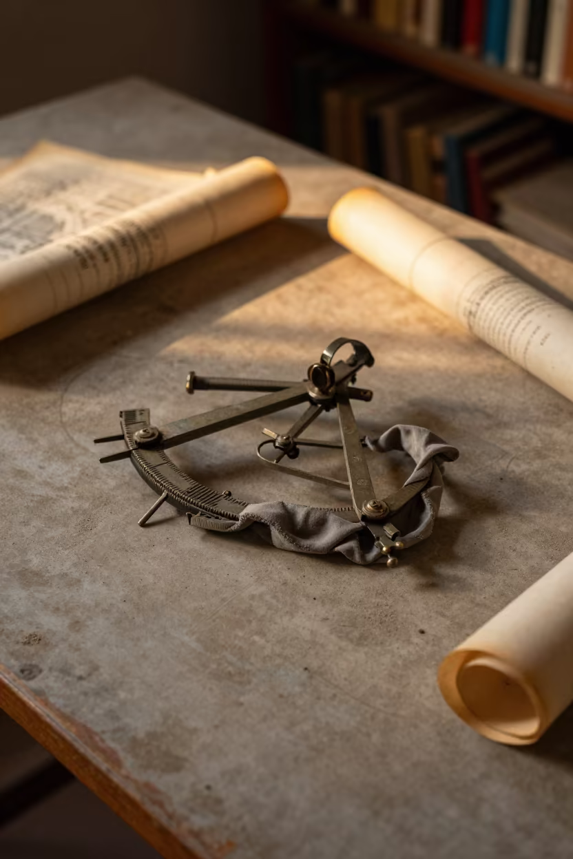 Sextant Fabric Metal on Library Table in on a dusty library table in Gonaïves