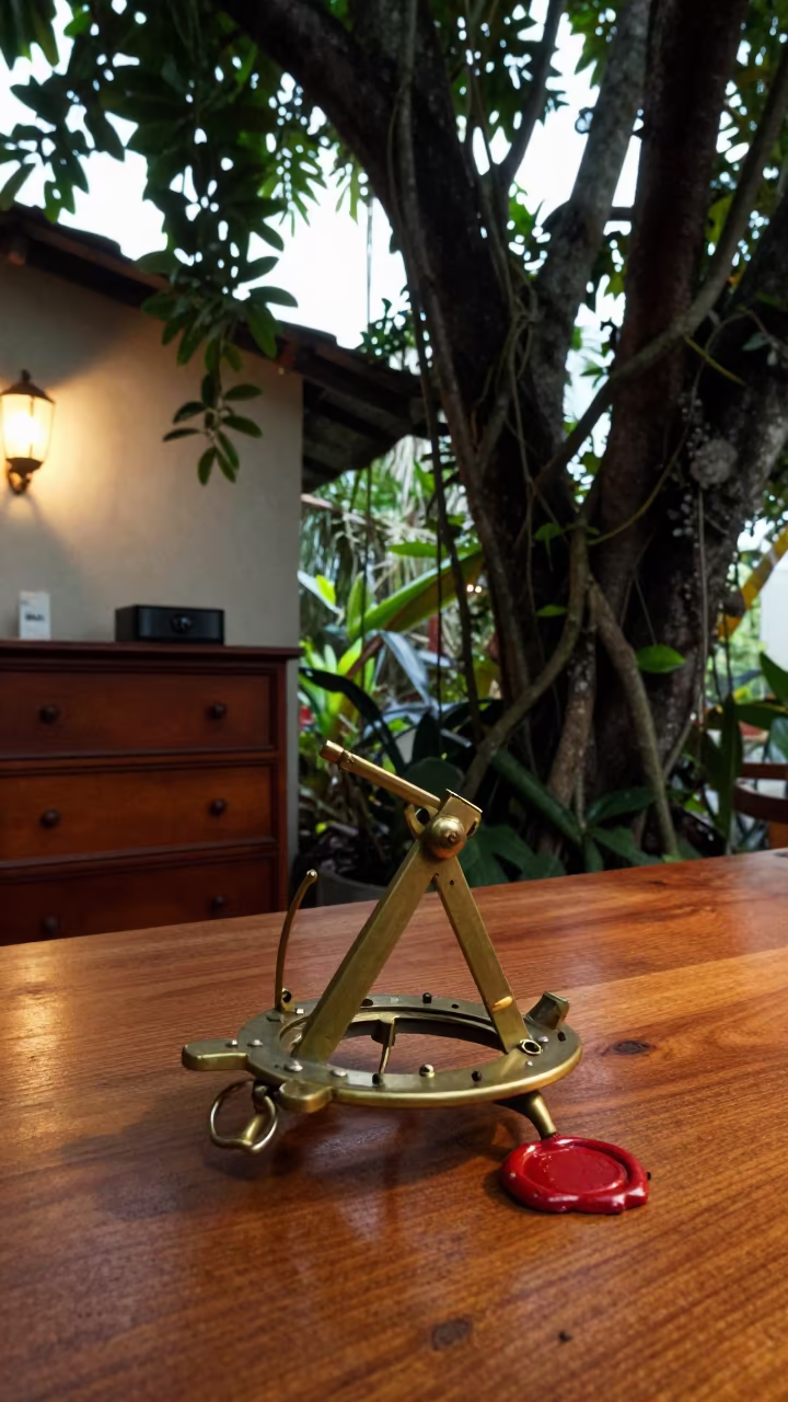 Sextant and Jungle Vine Overgrowth at Dawn in on a hotel dresser near Salvador