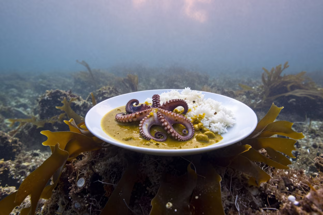 Seychelles Octopus Curry on Croatian Kelp Shelf in along a kelp-fringed shelf in Croatia