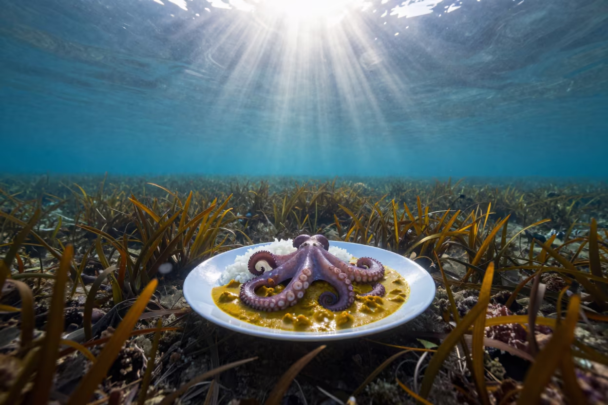 Seychelles Octopus Curry Rice Seagrass Dawn in above a seagrass meadow near Durban