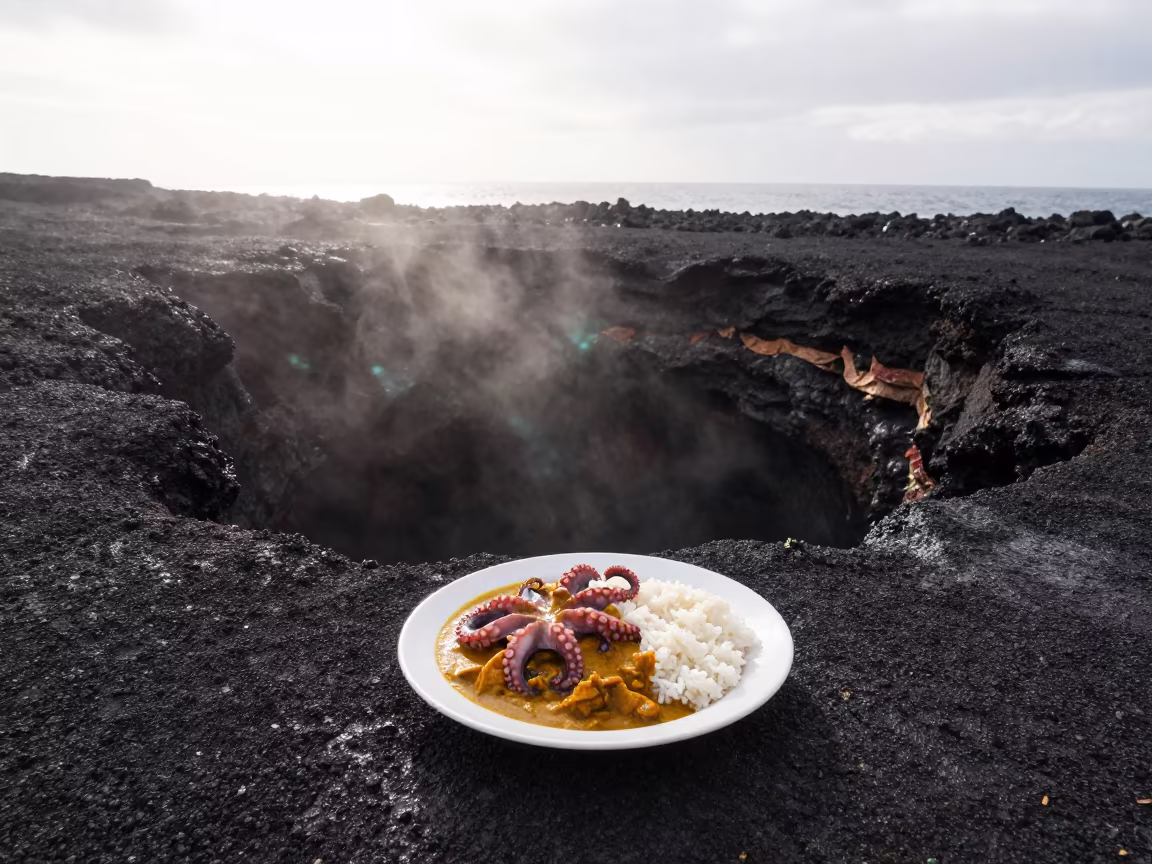 Seychelles Octopus Curry Plate by Spanish Volcanic Drop-off in beside a volcanic drop-off in Spain