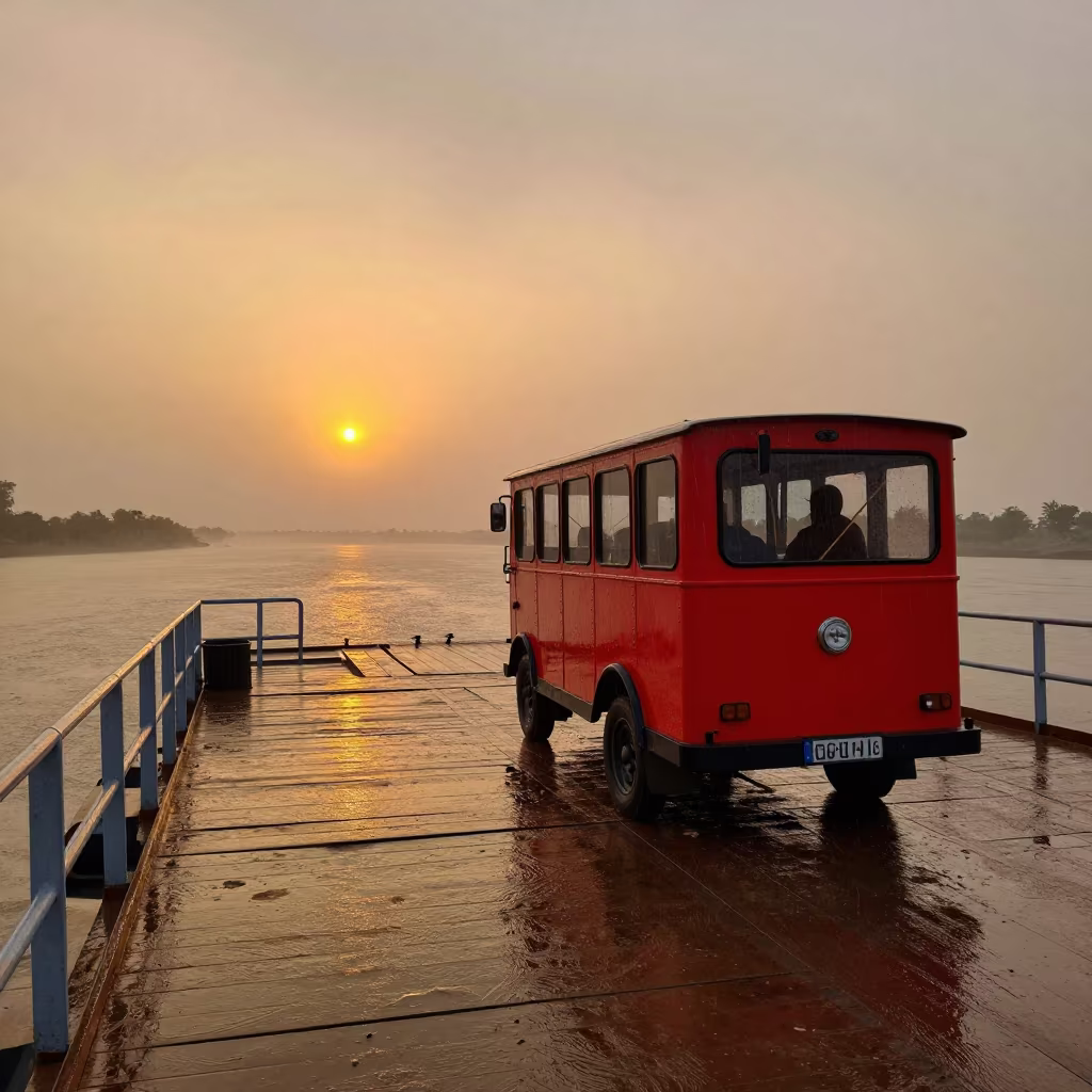 San Francisco Trolley in Nigerian Ferry Rain in across a remote ferry crossing in Nigeria