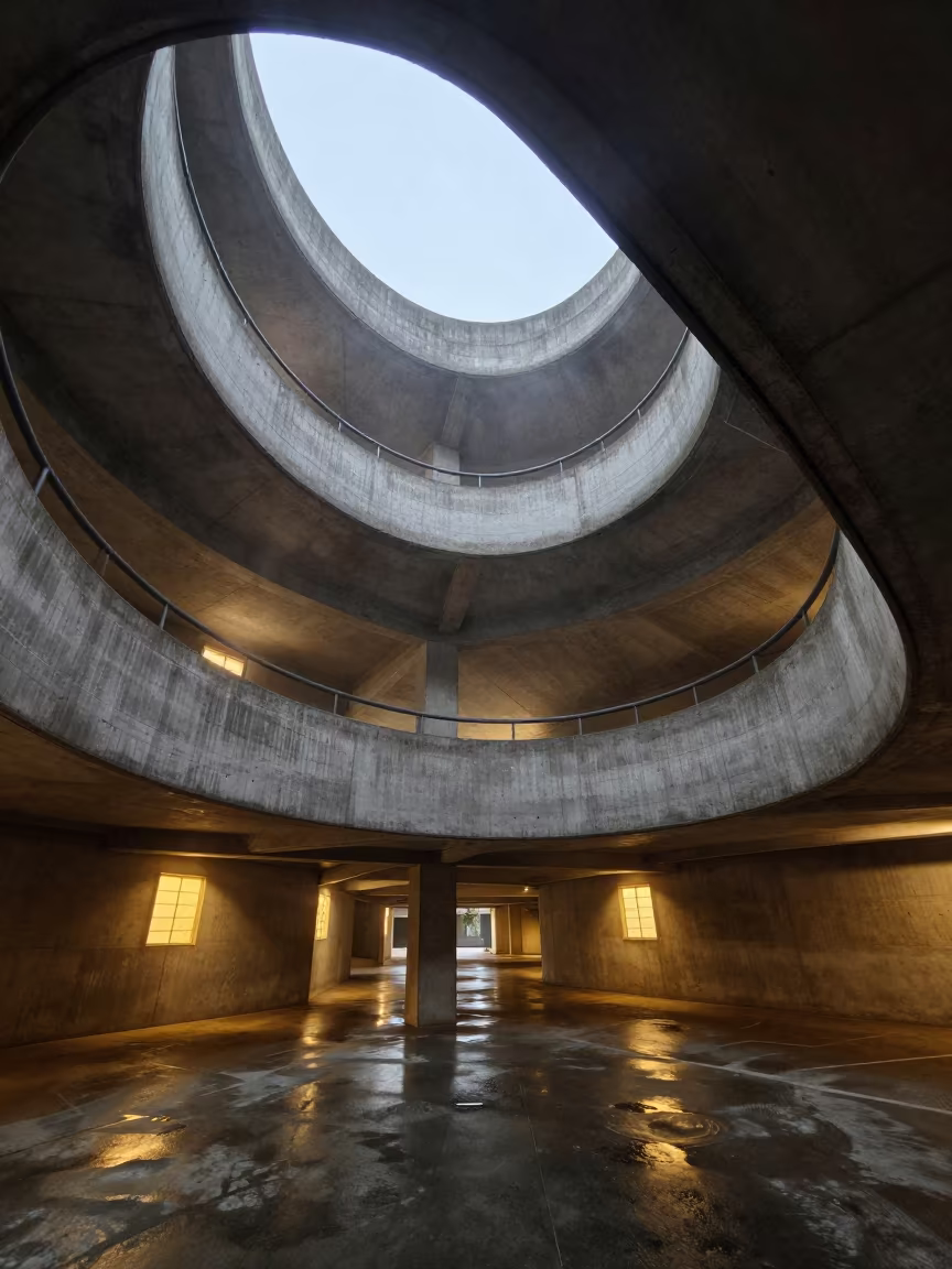Sfax Concrete Ramp Low Angle Pre-Dawn in inside a vaulted atrium in Sfax