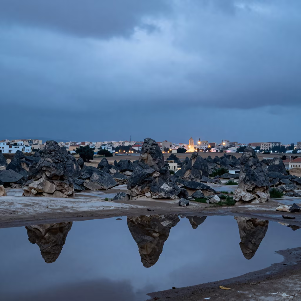 Sfax Karst Pillars Under Steel Blue Twilight in across a wide valley floor near Sfax