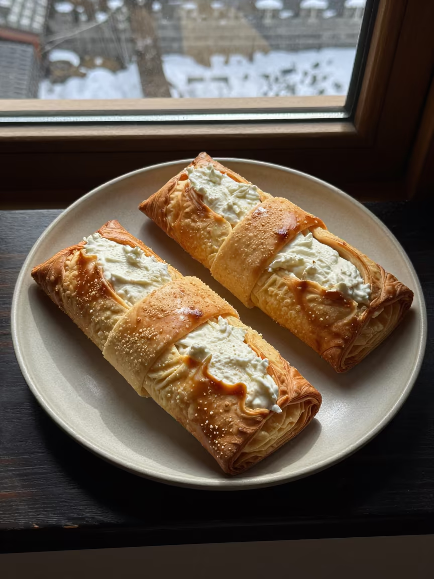 SFogliatelle Ricotta Filling on Ceramic Plate in on a ceramic plate by a window in Qianmen, Beijing