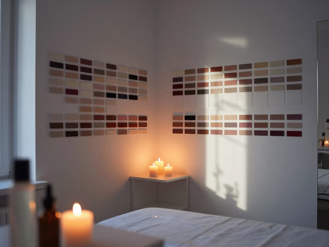 Shade Match Card Wall in Evening Skincare Room in inside a skincare treatment room near Novi Sad