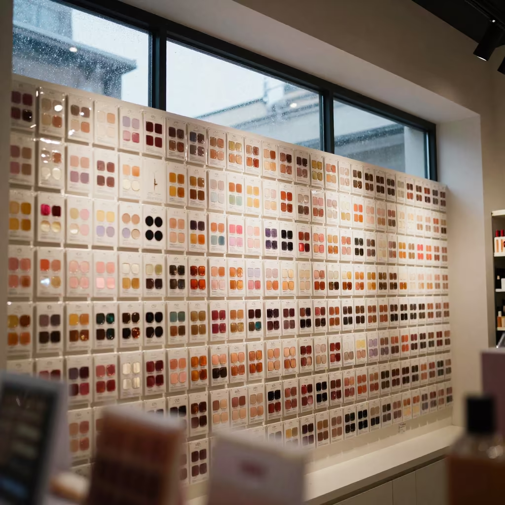 Shade Match Card Wall Lima Beauty Store in in a beauty supply area under white LEDs in Lima