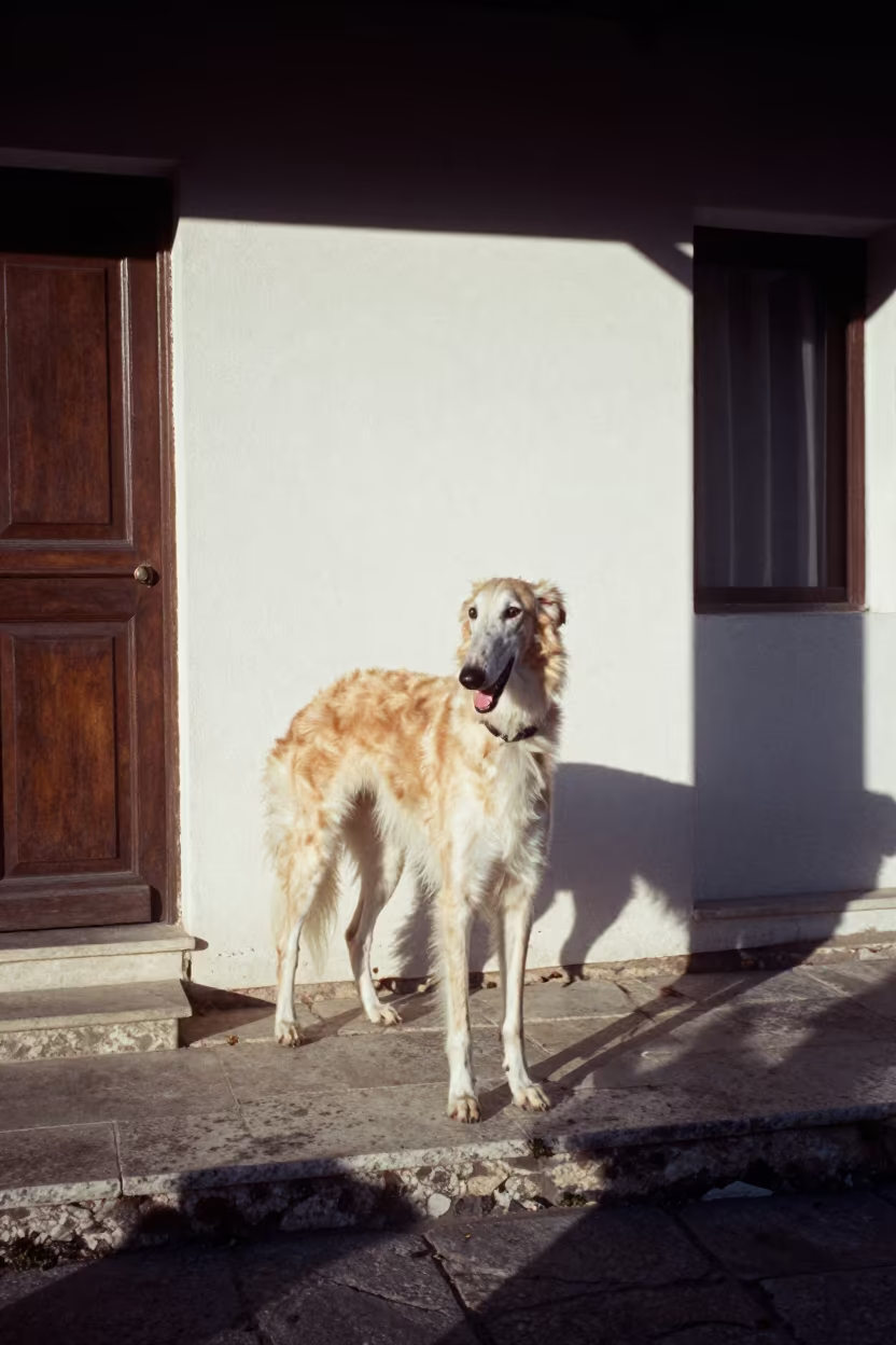 Shaded Borzoi Porch Portrait in Jounieh in beside a plain courtyard wall in clear daylight with the animal at eye level near Jounieh