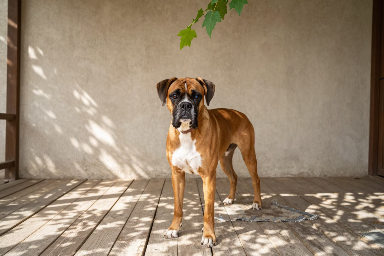 Shaded Boxer on Courtyard Porch in Iğdır in beside a plain courtyard wall in clear daylight with the animal at eye level in Iğdır