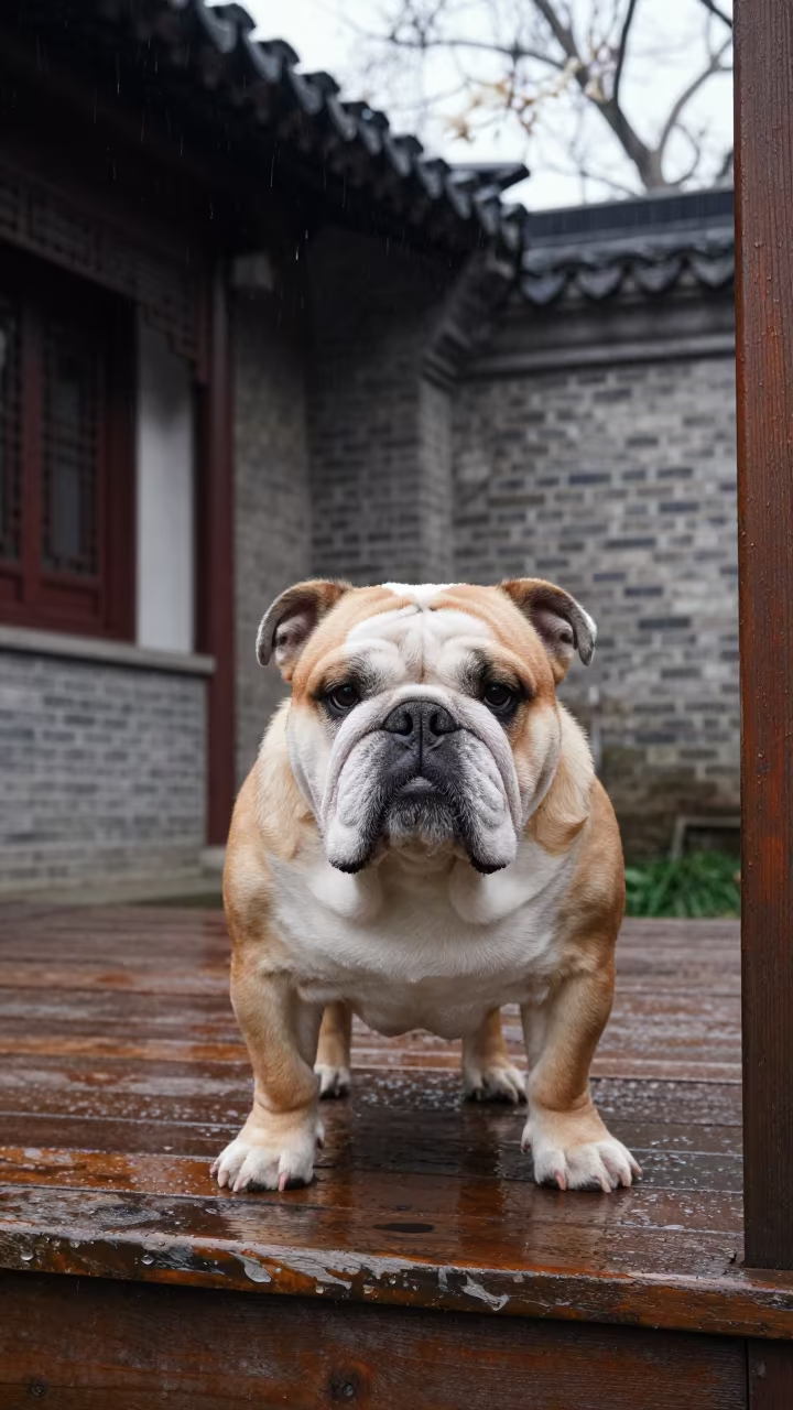 Shaded Bulldog on Shanghai Porch After Rain in on a shaded front porch with boards, railings, and eye-level framing in Shanghai
