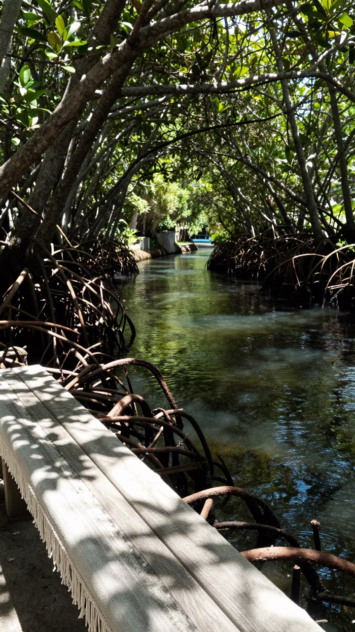 Shaded Canal Scene with Mangrove Roots and Linen Fringe Bench in Miami Florida in in Miami, Florida, United States