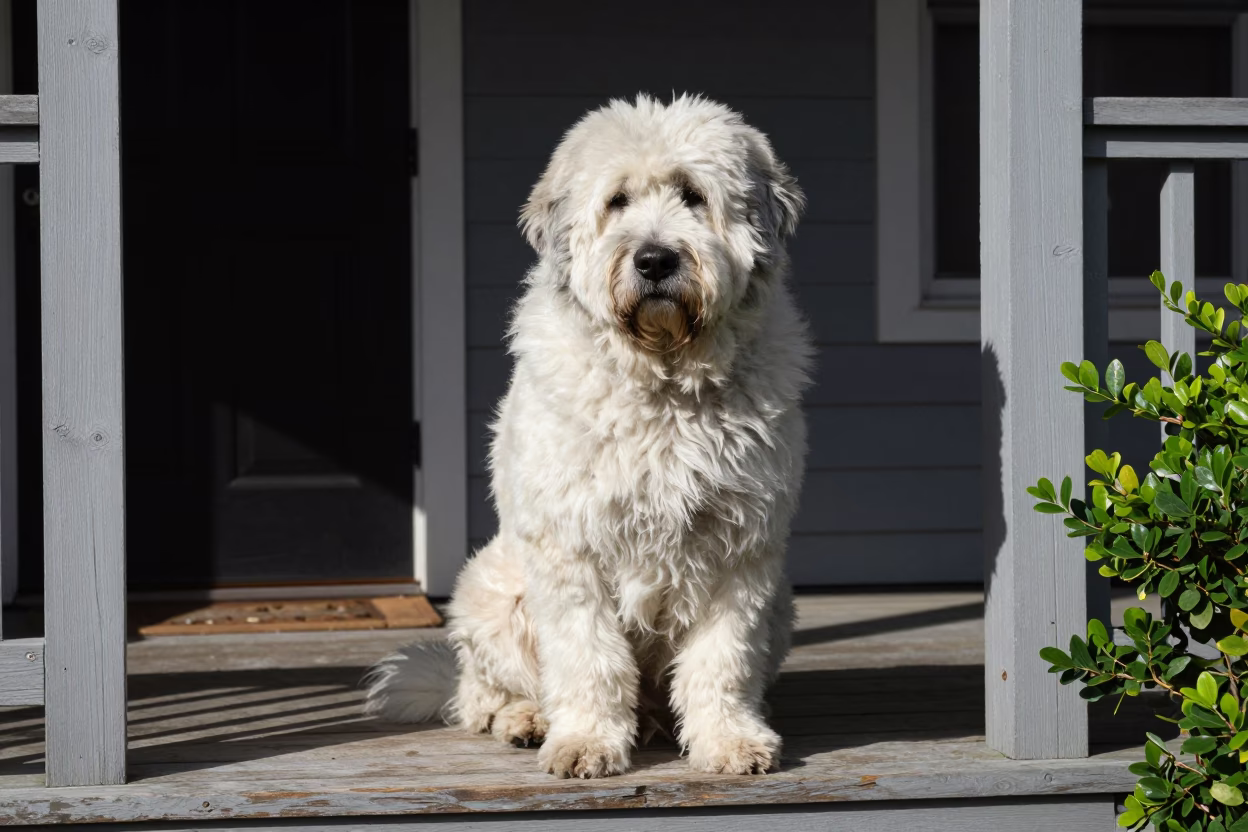 Shaded Houston Porch Portrait of Pyrenean Mastiff in on a shaded front porch with boards, railings, and eye-level framing in Houston