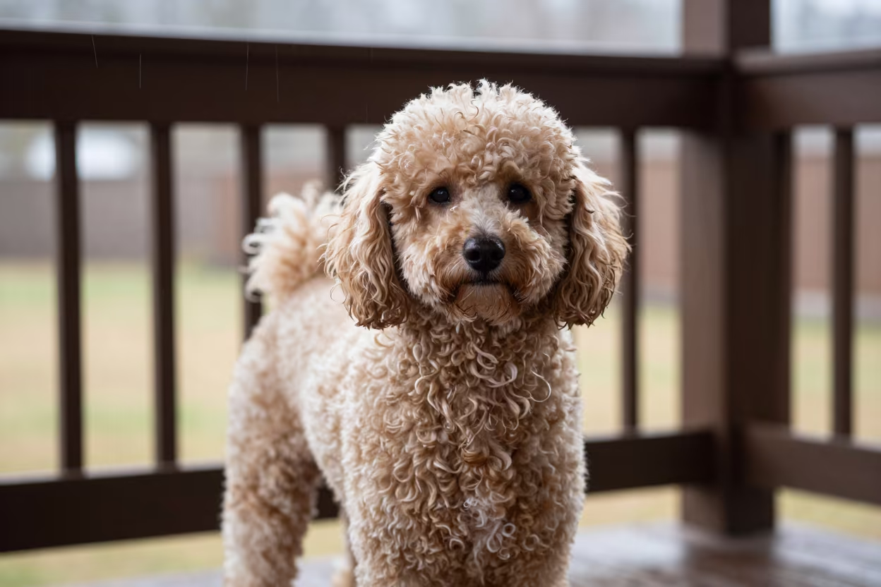 Shaded Kerman Porch Poodle Portrait in Early Winter Drizzle in on a shaded front porch with boards, railings, and eye-level framing in Kerman