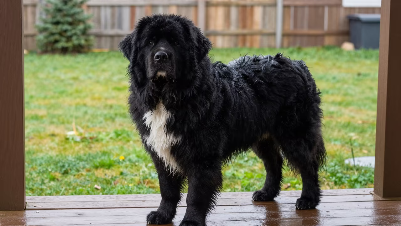 Shaded Newfoundland on Porch with Wet Coat in in a small yard with clipped grass, calm light, and the animal centered in frame near Castilla