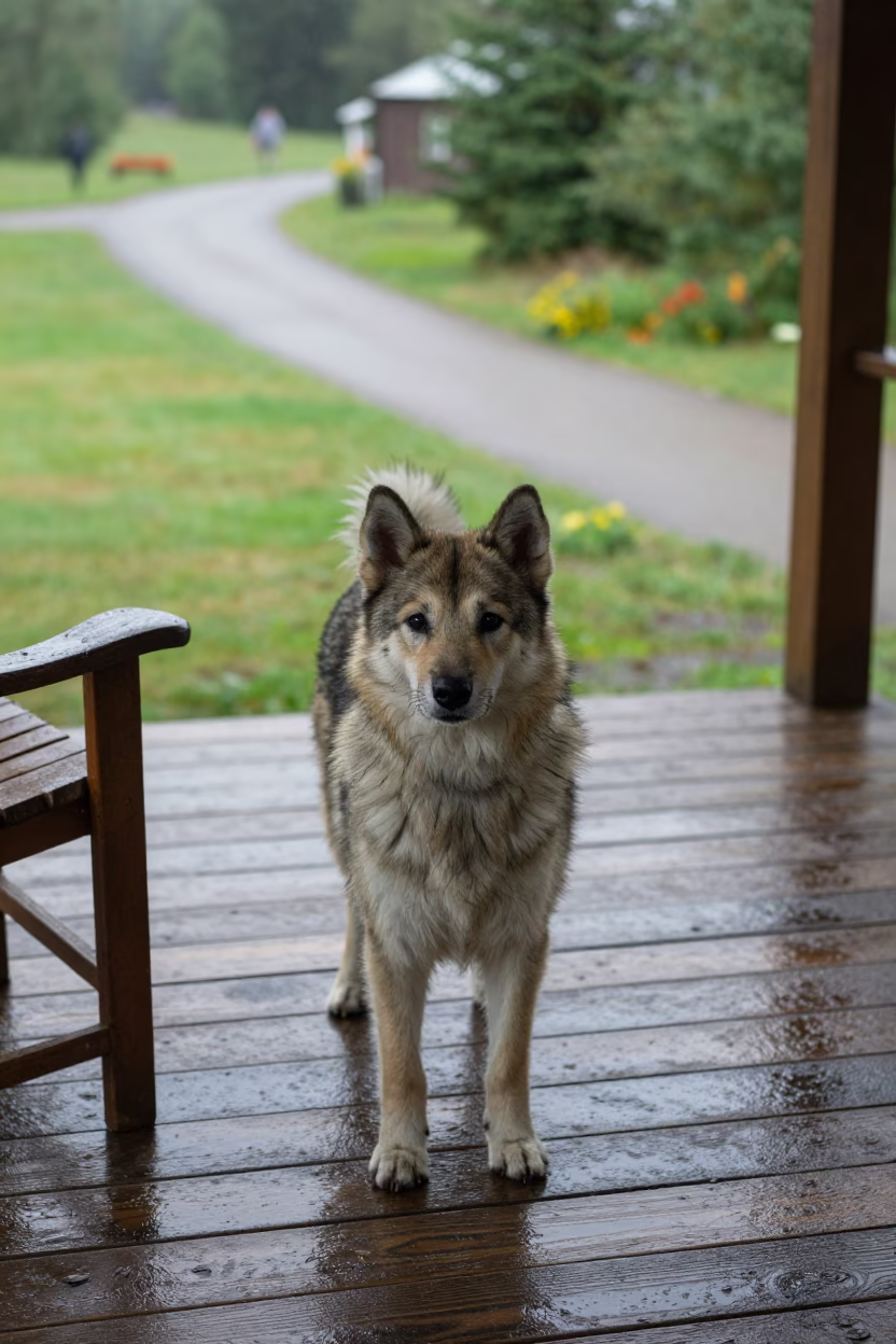Shaded Norwegian Lundehund on Tongi Porch in along a quiet park path with soft open shade and a clean background in Tongi