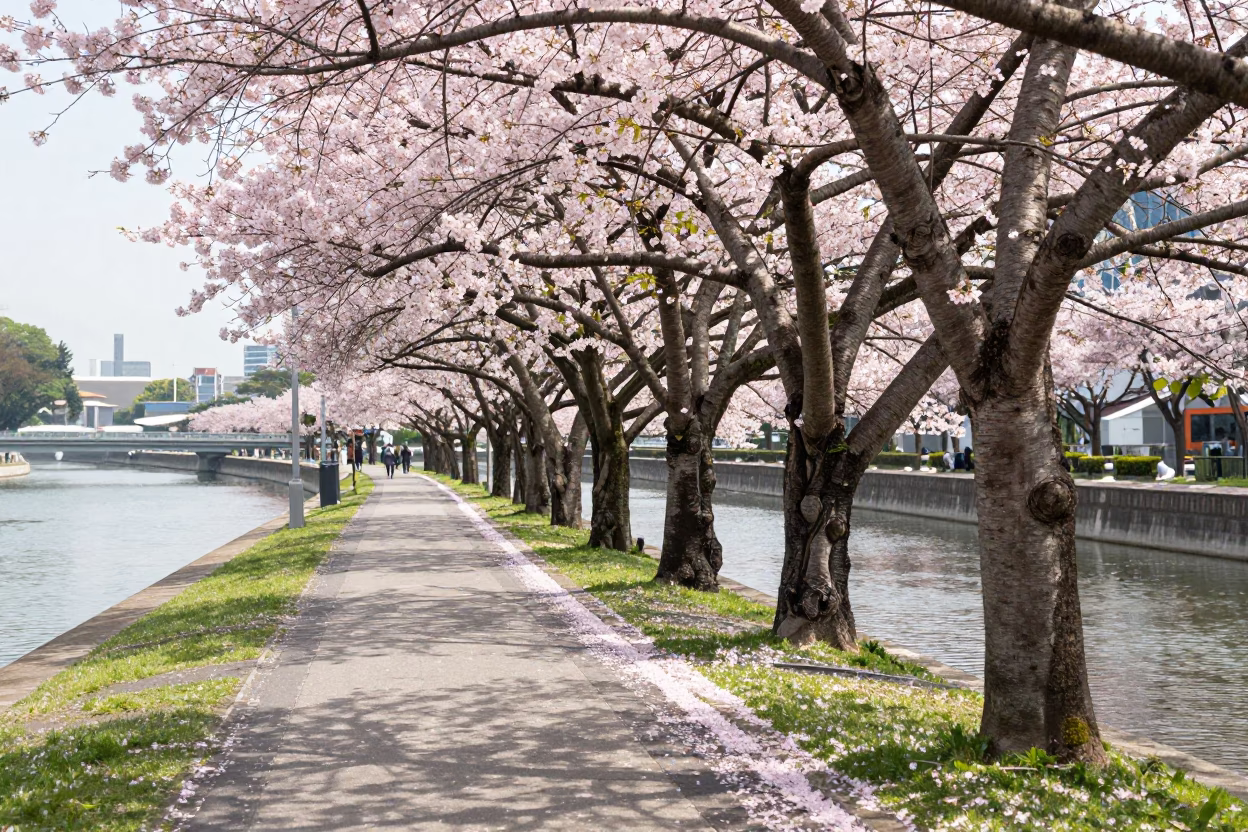 Shaded Path Along Singapore Waterway with Cherry Blossoms and Morning Light in in Singapore, Singapore