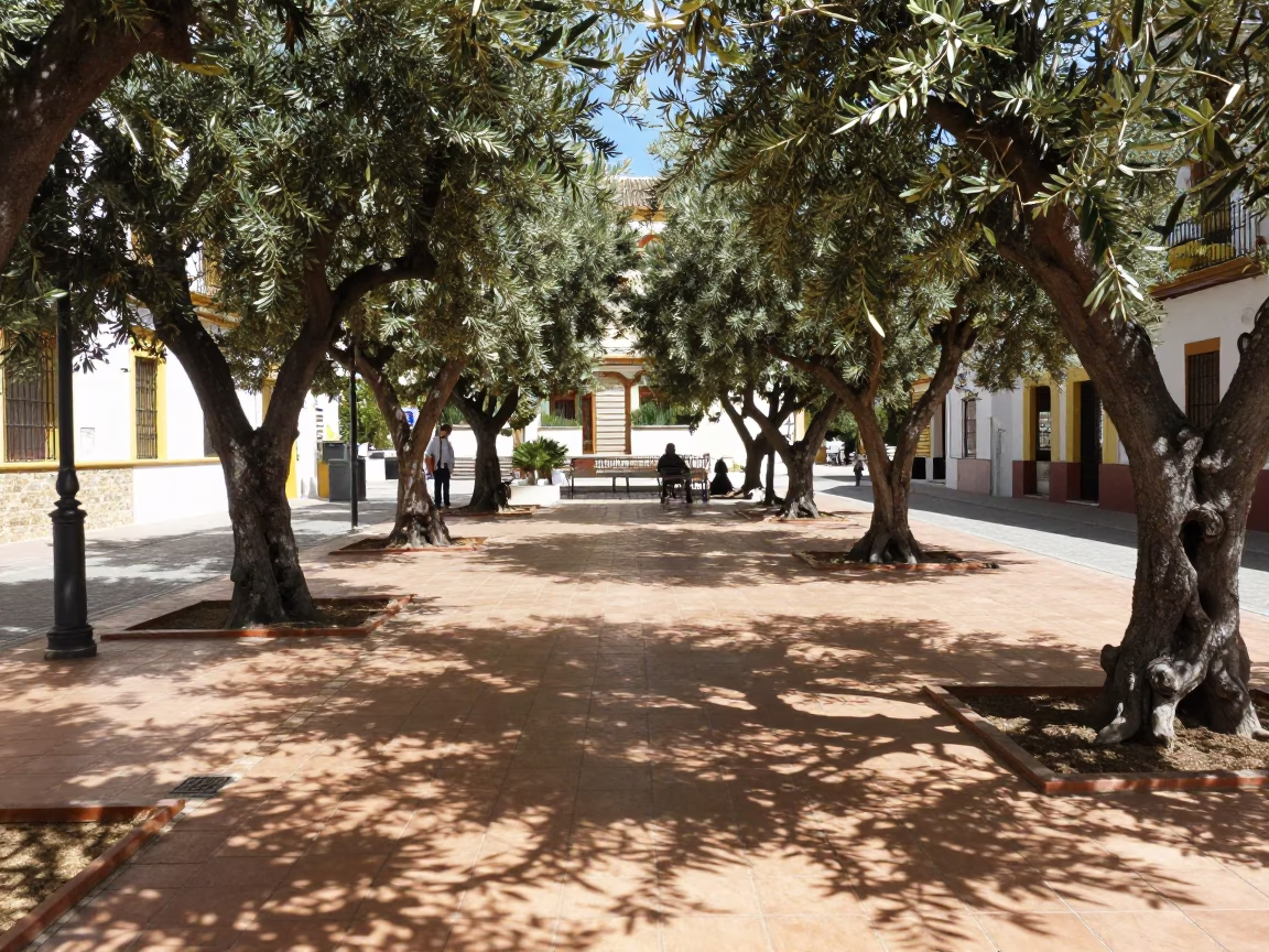 Shaded Patio in Valencia Spain Midday Sunlight and Olive Trees in in Valencia, Spain