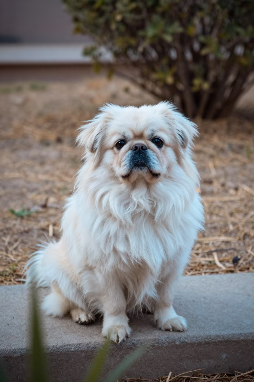 Shaded Pekingese Portrait on Garden Porch at Dawn in near a garden edge with soft morning light and an uncluttered background in Chingola