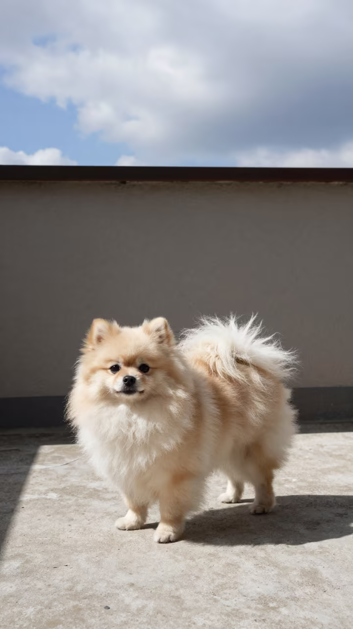 Shaded Pomeranian on Courtyard Wall Rzeszów in beside a plain courtyard wall in clear daylight with the animal at eye level in Rzeszów