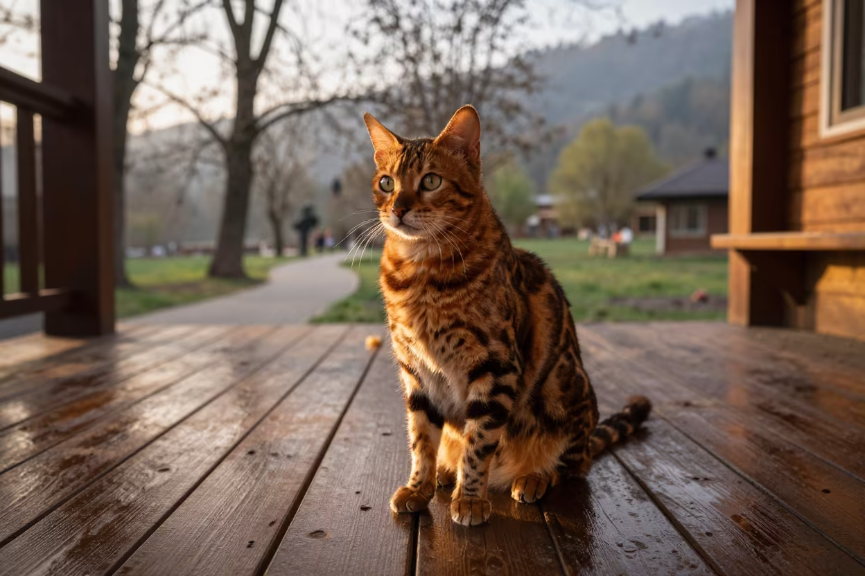Shaded Porch Bengal Longhair Cat in Shimla in along a quiet park path with soft open shade and a clean background near Shimla