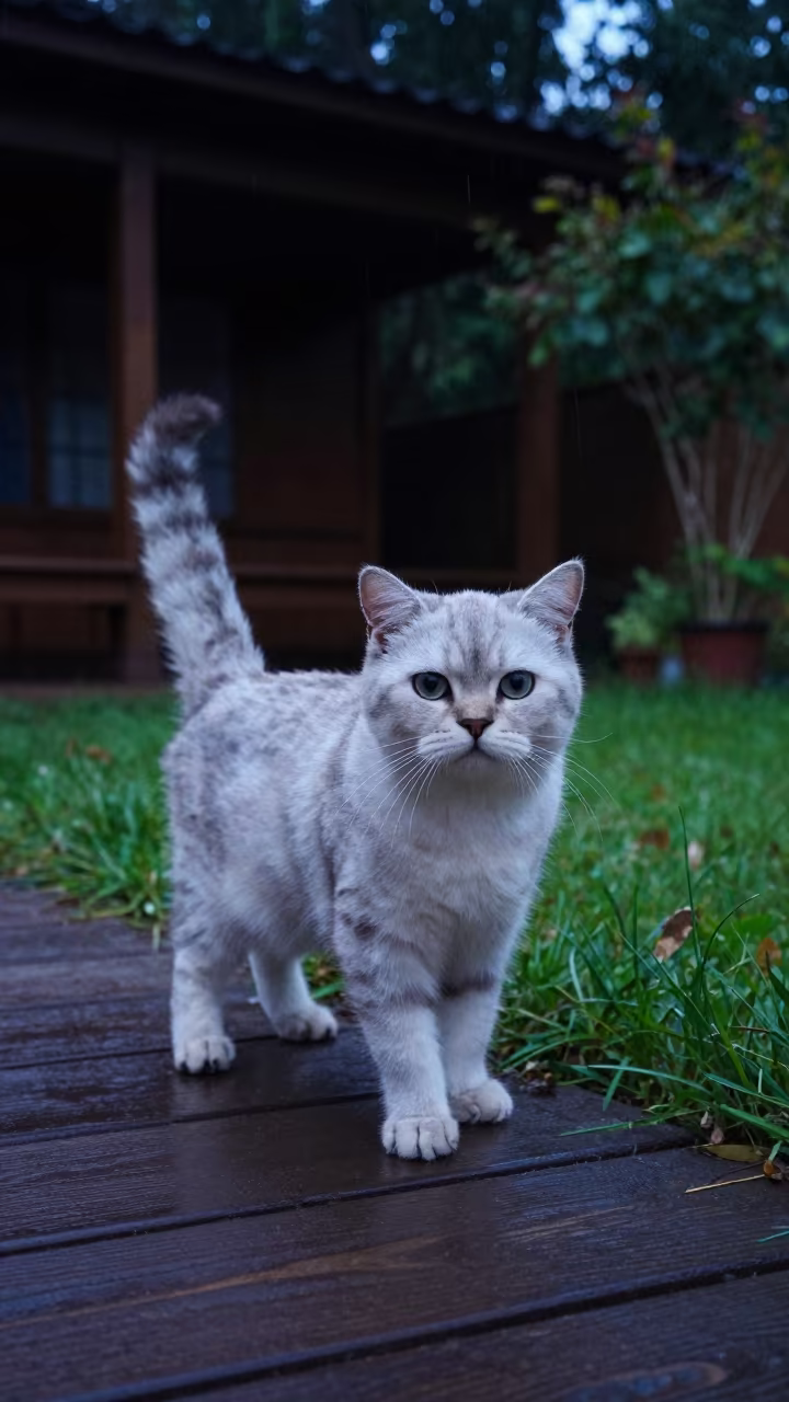 Shaded Porch Exotic Shorthair Cat Night Rain in on a shaded front porch with boards, railings, and eye-level framing near Muridke