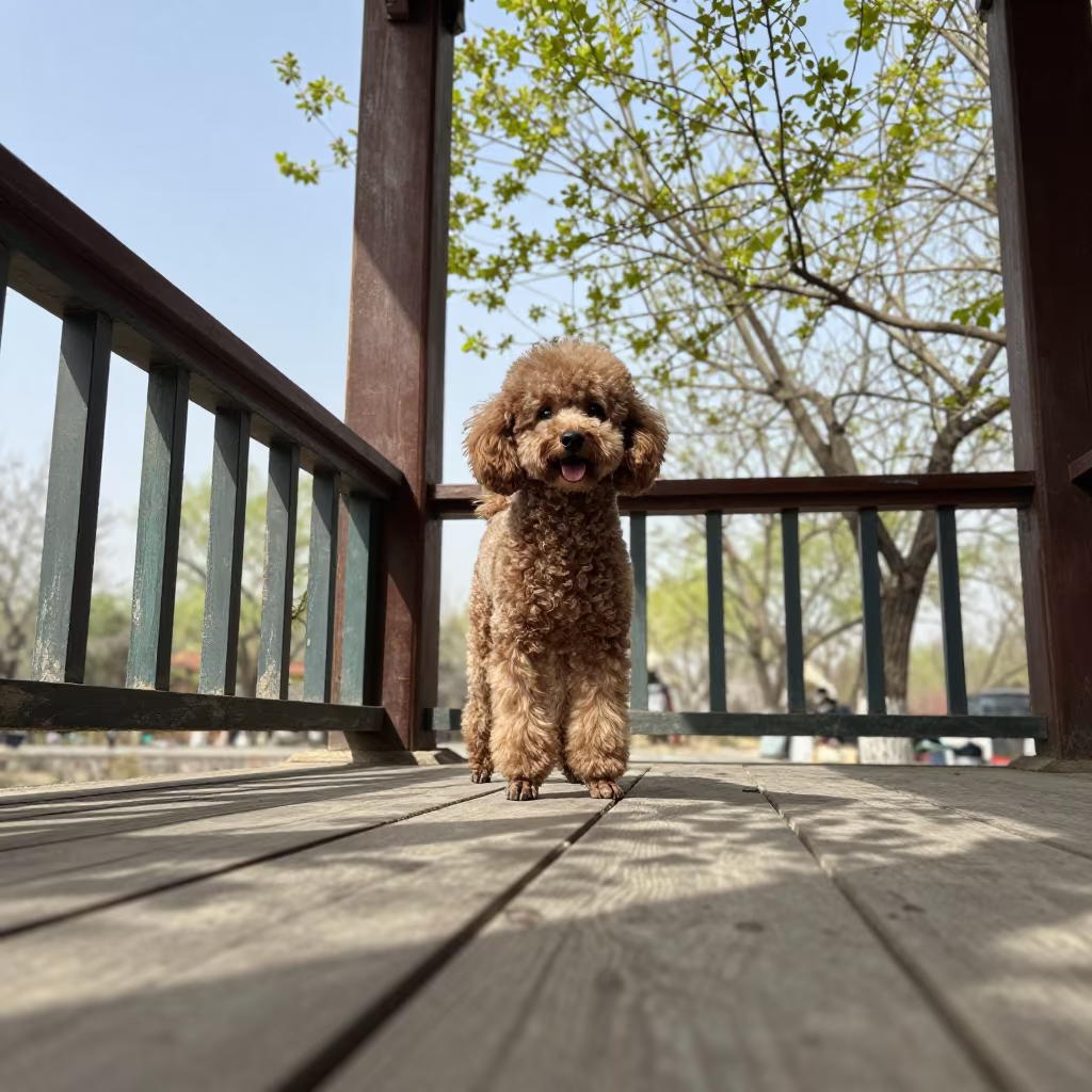 Shaded Porch Poodle Portrait in Jinan in on a shaded front porch with boards, railings, and eye-level framing near Jinan