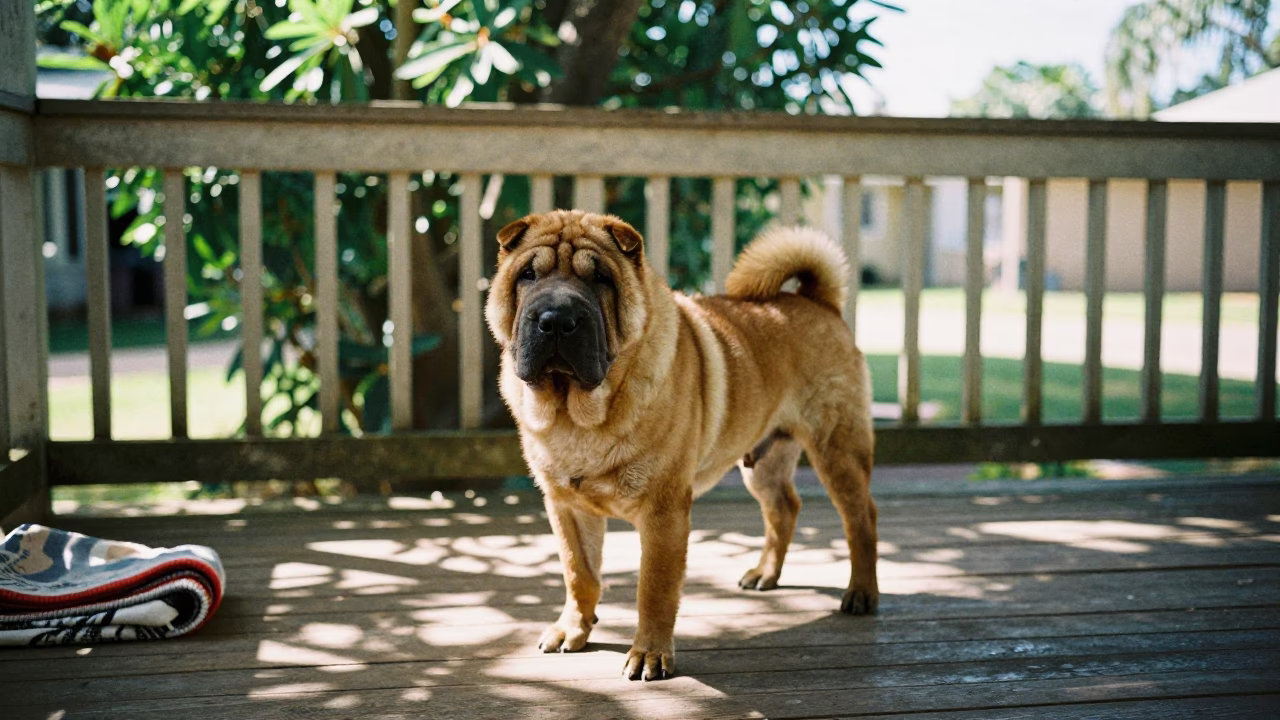 Shaded Porch Portrait of a Chinese Shar-Pei in on a shaded front porch with boards, railings, and eye-level framing near Townsville