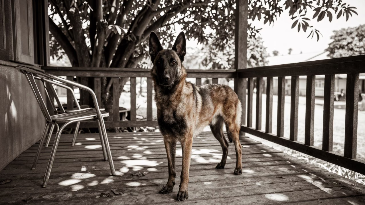 Shaded Porch Portrait of Belgian Malinois in Ouagadougou in on a shaded front porch with boards, railings, and eye-level framing in Ouagadougou