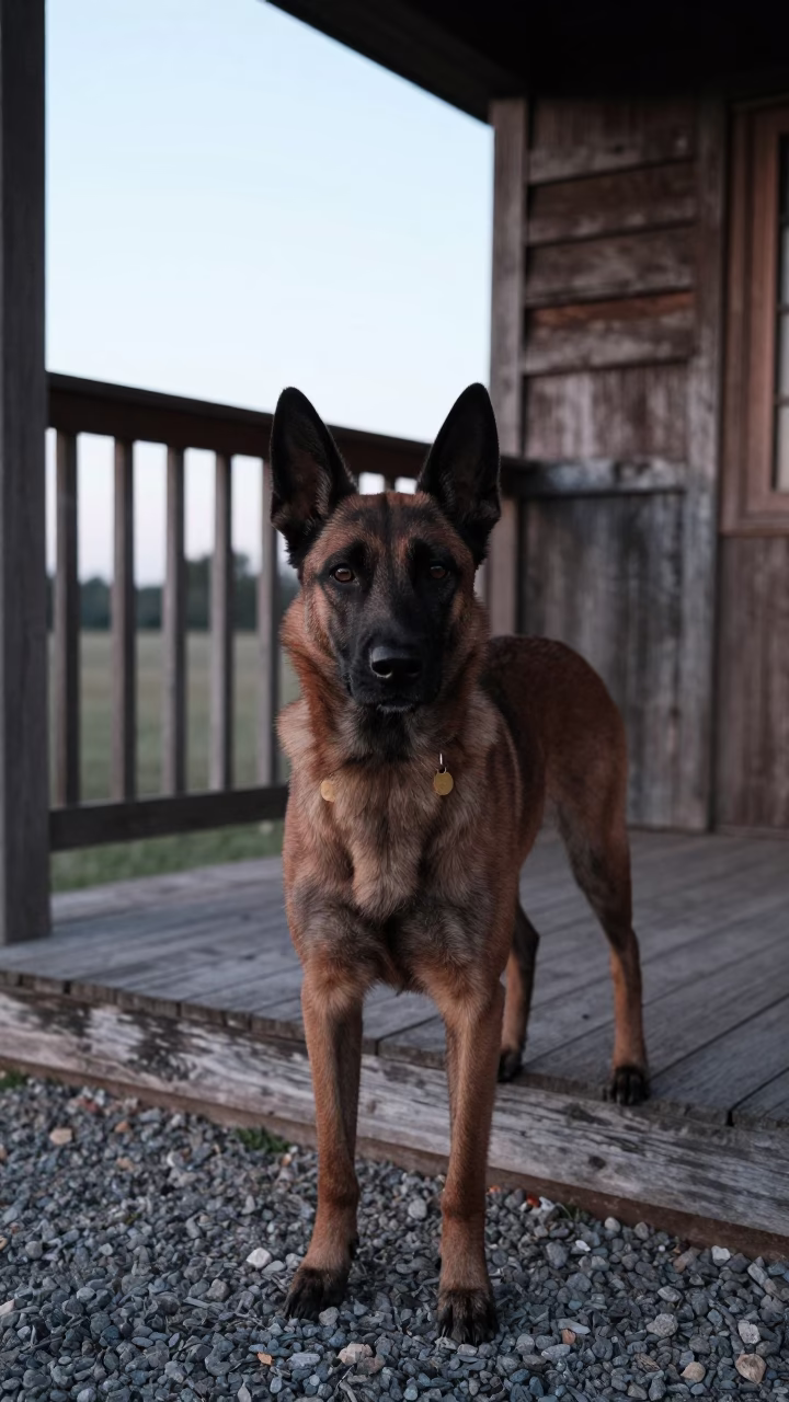 Shaded Porch Portrait of Belgian Tervuren in on a shaded front porch with boards, railings, and eye-level framing near Nellore