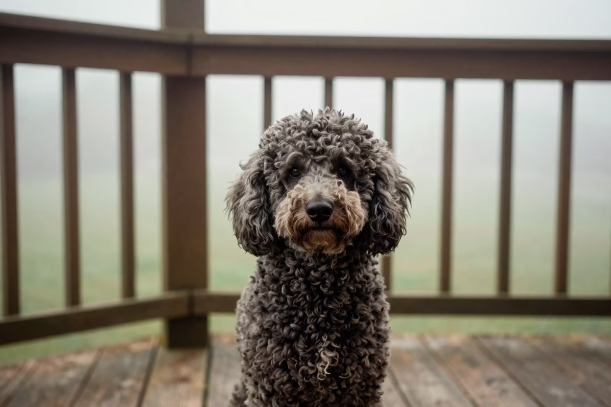 Shaded Porch Portrait of Poodle in Evening Mist in on a shaded front porch with boards, railings, and eye-level framing near Tabou