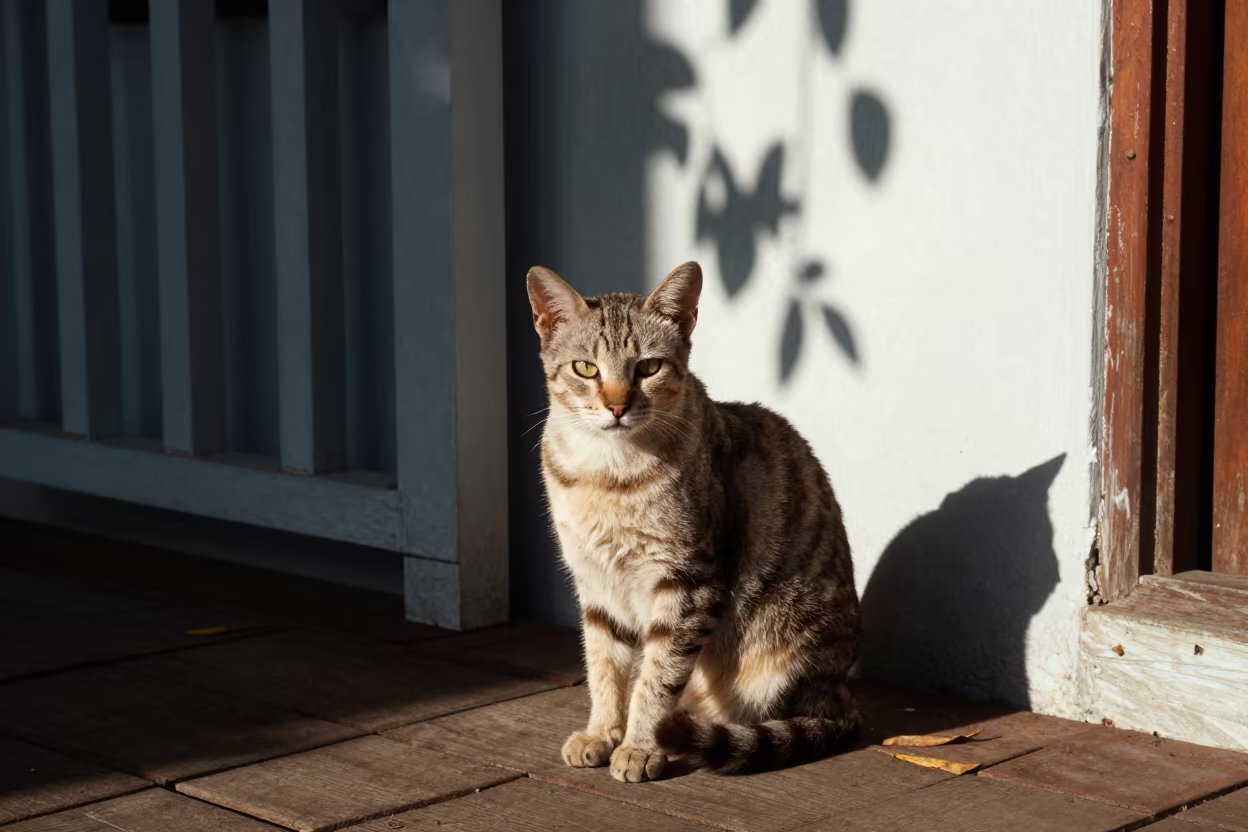 Shaded Thai Cat Portrait on Chiang Mai Porch in on a shaded front porch with boards, railings, and eye-level framing near Chiang Mai