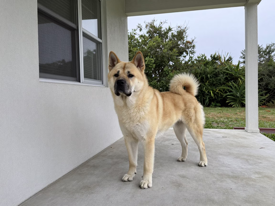 Shaded Tosa on Freetown Porch with Detailed Coat in along a quiet park path with soft open shade and a clean background in Freetown