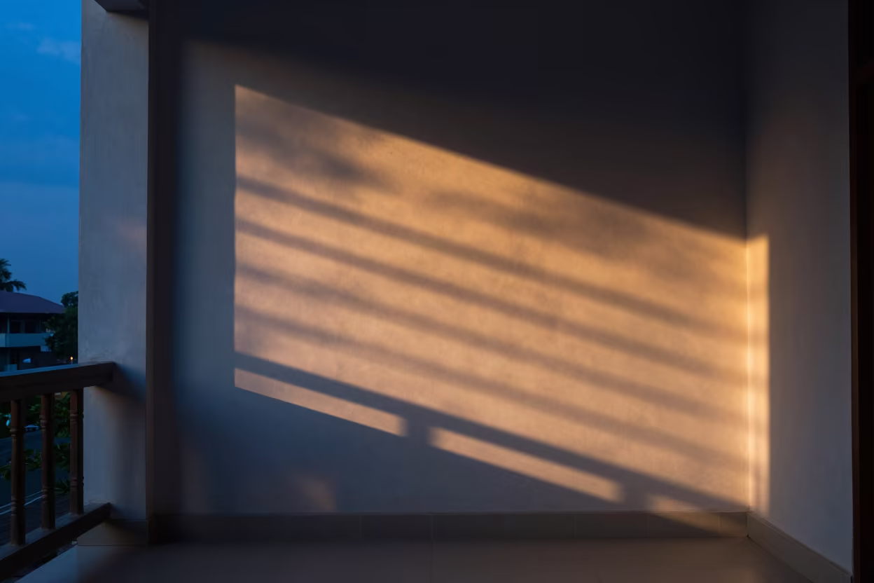 Shadow Bands on Plaster at Blue Hour Taunggyi in inside a tiled stair hall in Taunggyi
