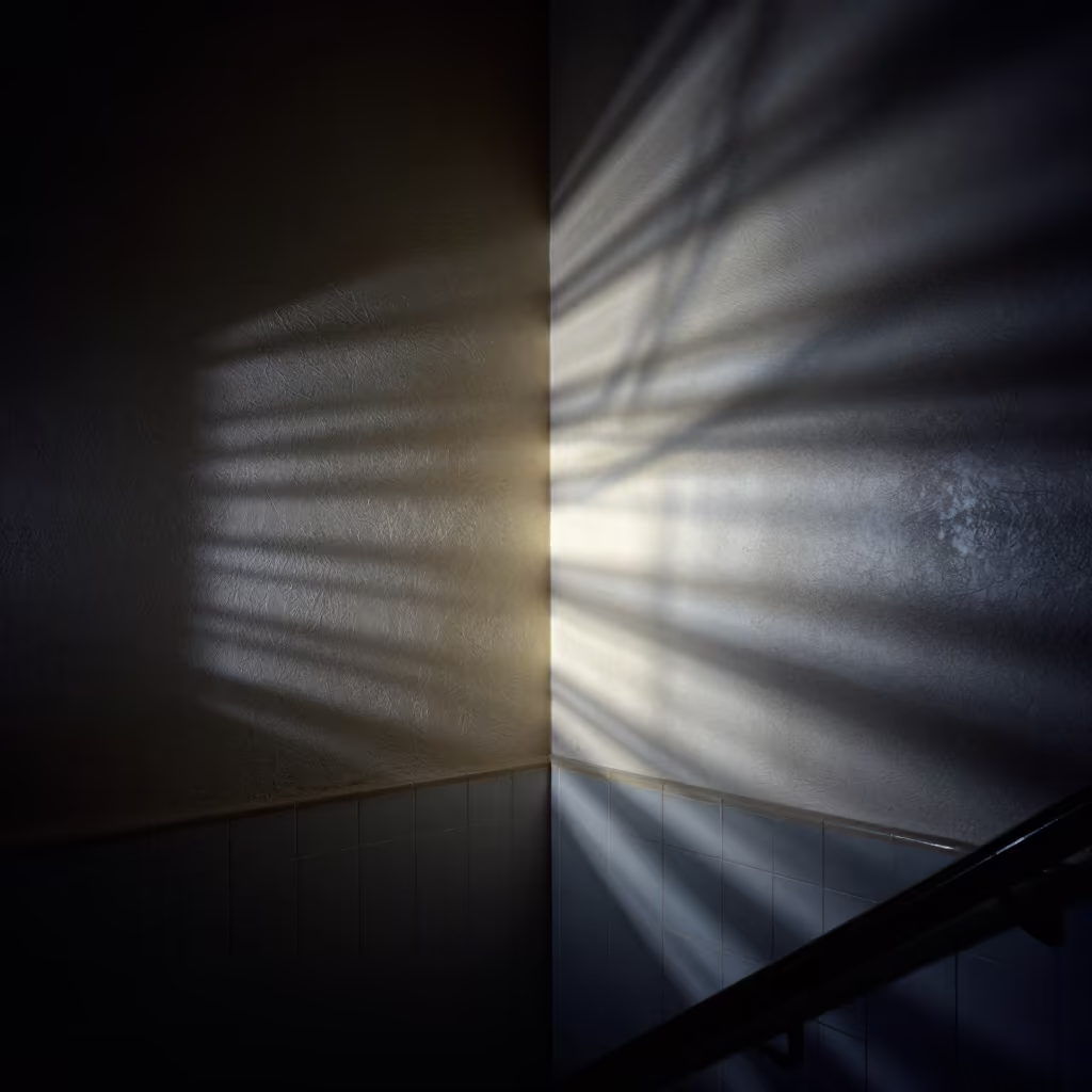 Shadow Bands on Plaster Night Stairwell in inside a tiled stair hall in Stamford