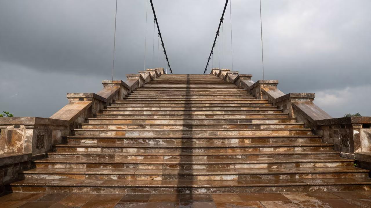 Shadow Play of Bridge Cables on Staircase Base in at the base of a monumental staircase near Gojra
