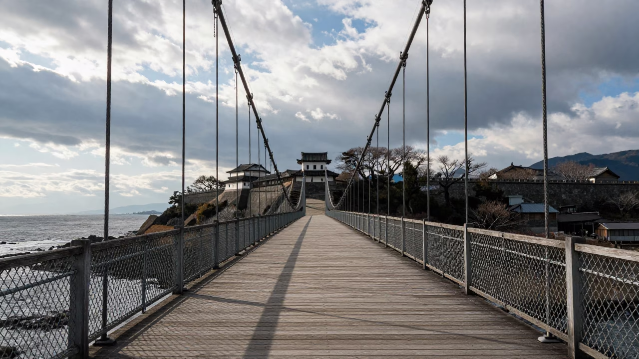 Shadow Play on Bridge Deck in Chugoku Fortress in outside a wind-scoured fortress wall in Chugoku