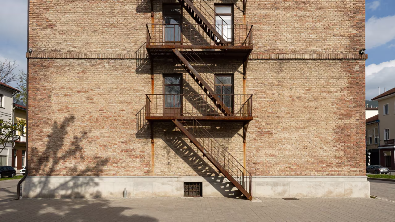 Shadow Play Fire Escape Ladder Serbian Plaza in across a formal civic plaza in Serbia