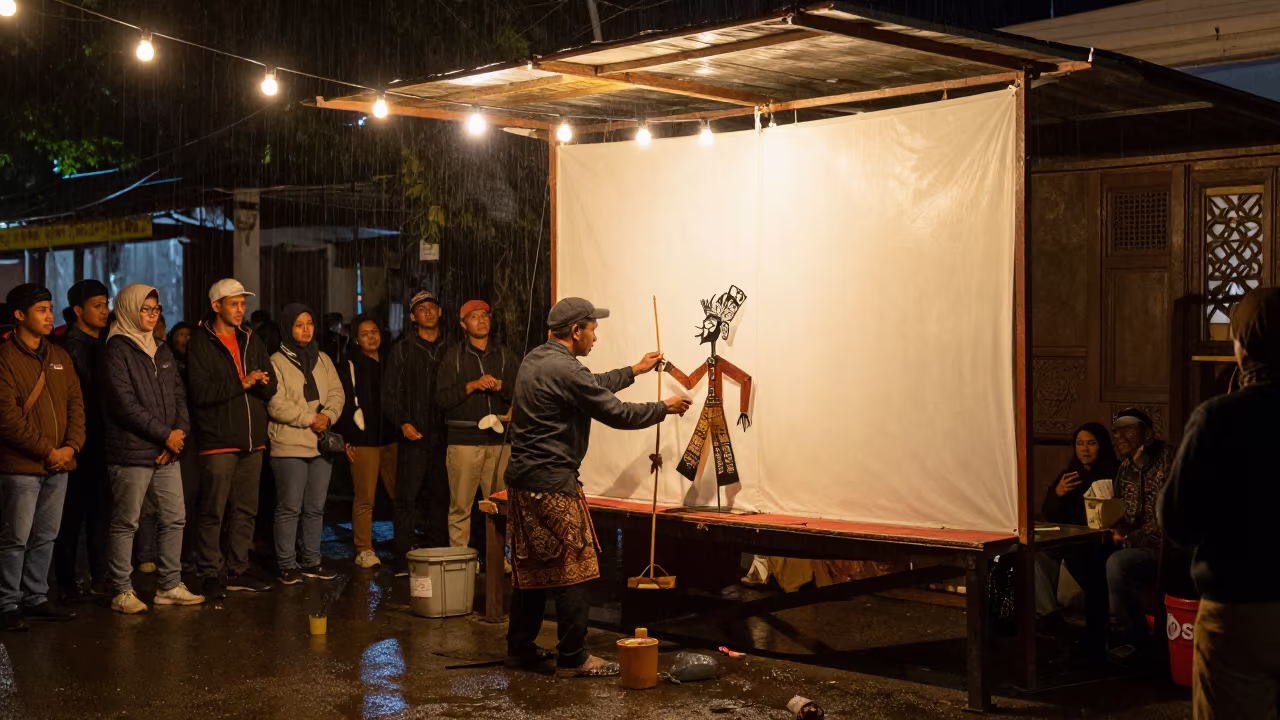 Shadow Puppet Busker in Constantine Night Rain in at a street corner busking spot in Constantine