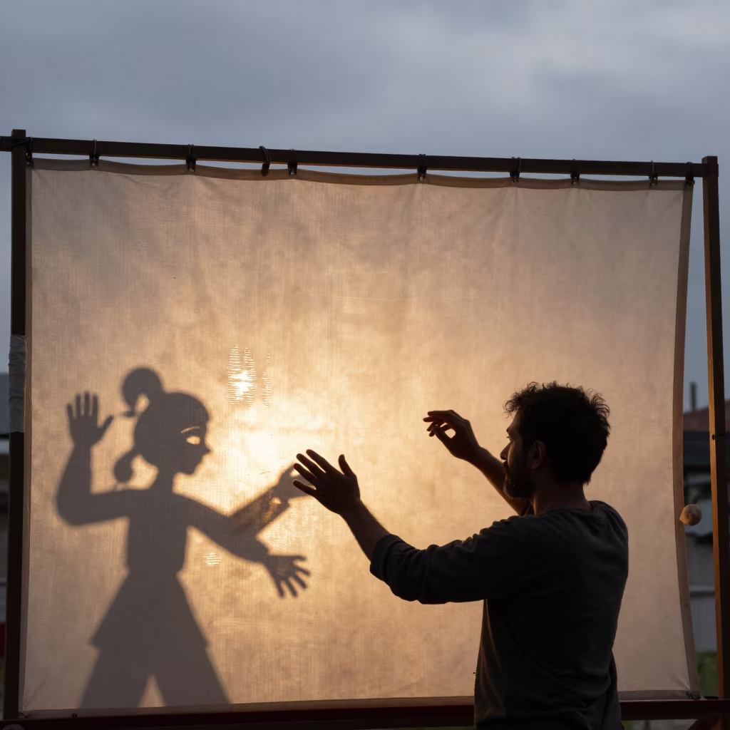 Shadow Puppet Master Behind Lit Screen in in a rehearsal room in Izmir